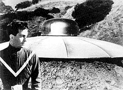 The story goes that Teenagers From Space filmmaker Tom Graeff (shown in character) parked this saucer prop behind Gloria Swanson's property and she called the cops to report an alien invasion-if so, she was the only person fooled by it.